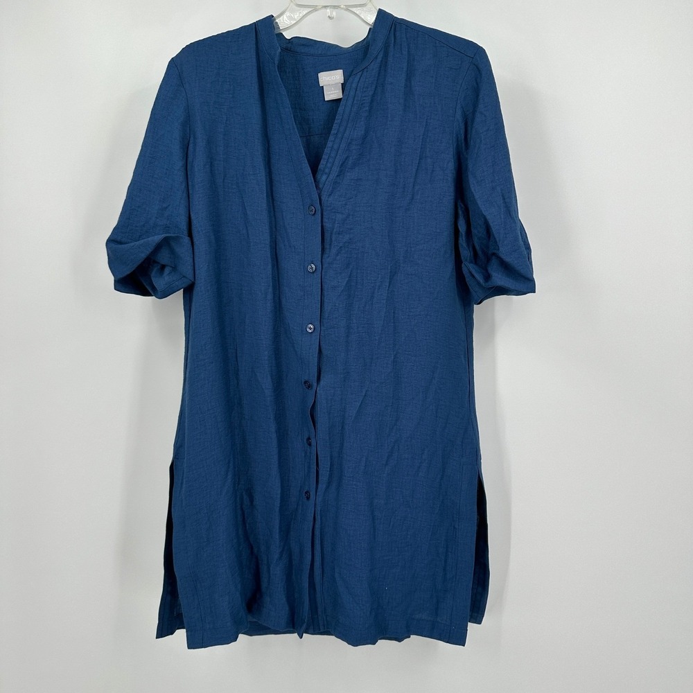 Chicos Womens Minimalist Linen Blend Tunic Top Size 1 US M Capsule Office Blue